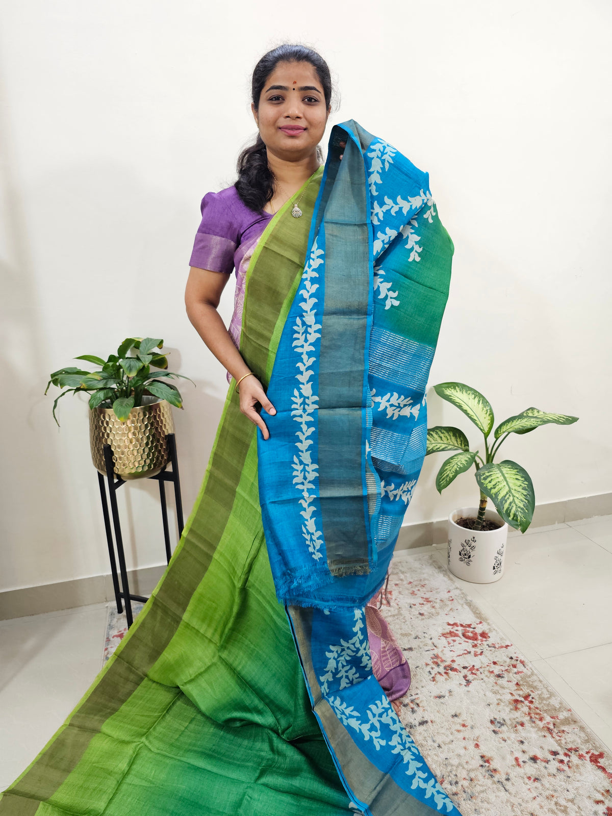 Green with Blue Leaf Tussar Silk Saree with Zari Border