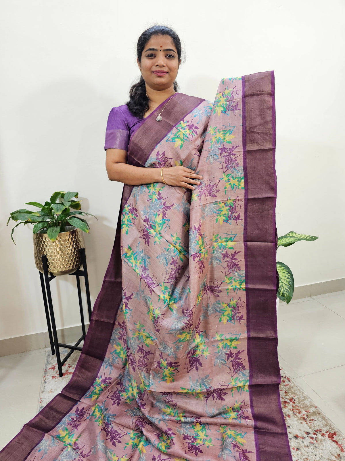 Purple Tussar Silk Saree with Zari Border