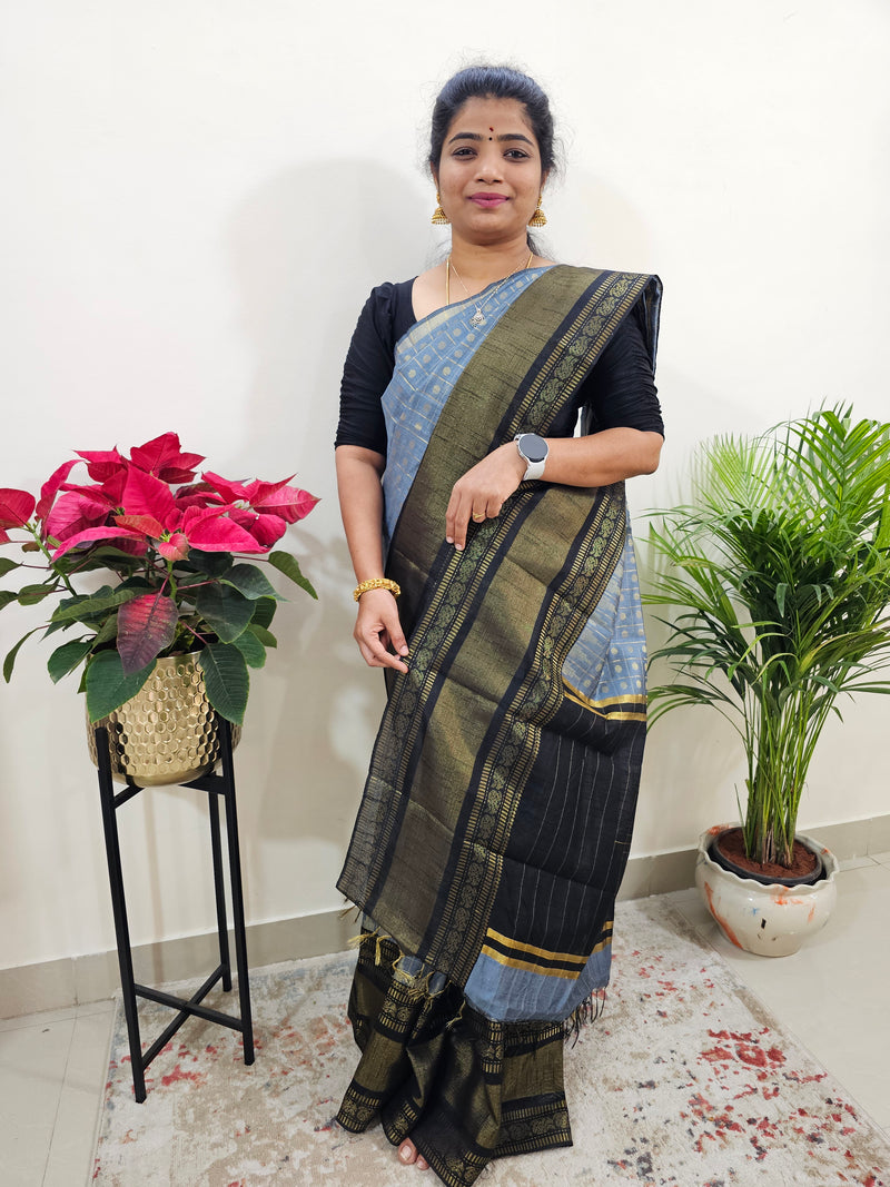 Semi Raw Silk Saree - Grey with Black