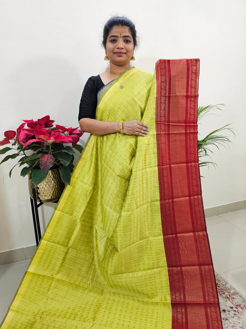 Semi Raw Silk Saree - Lime Yellow with Red