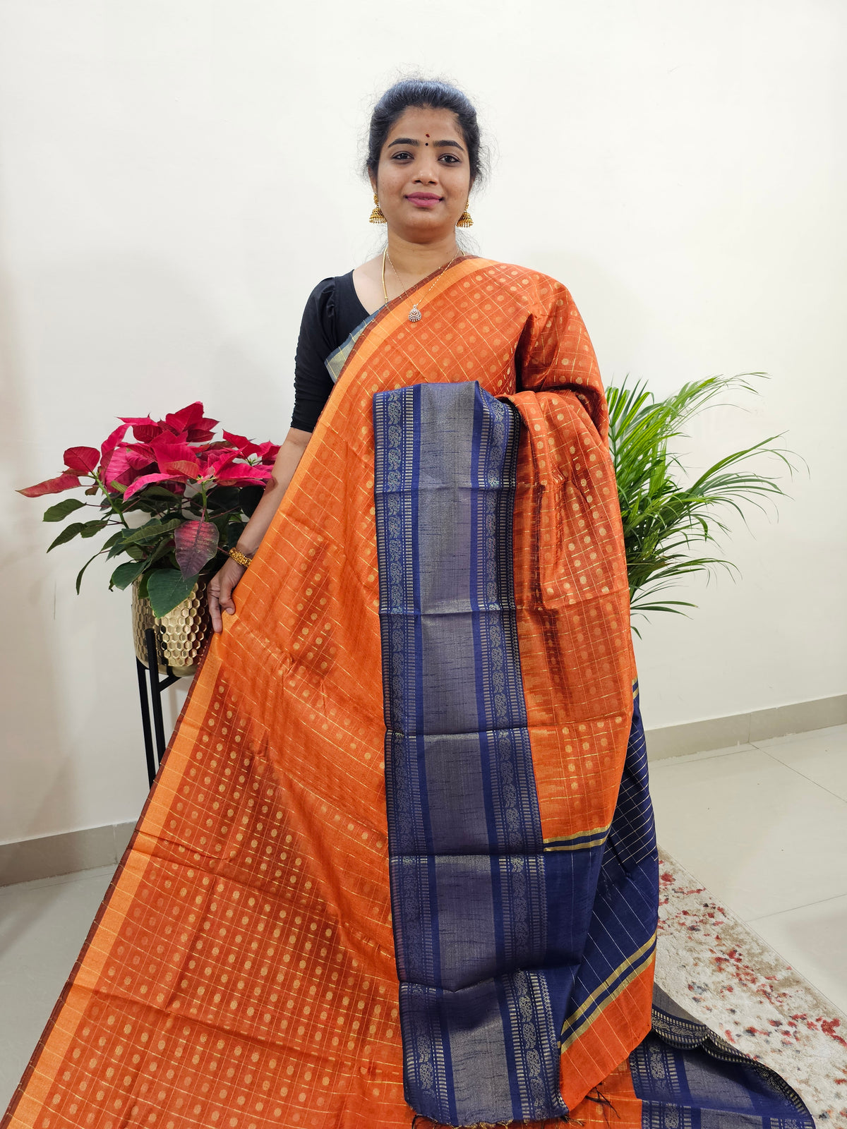 Semi Raw Silk Saree -  Orange with Navy Blue