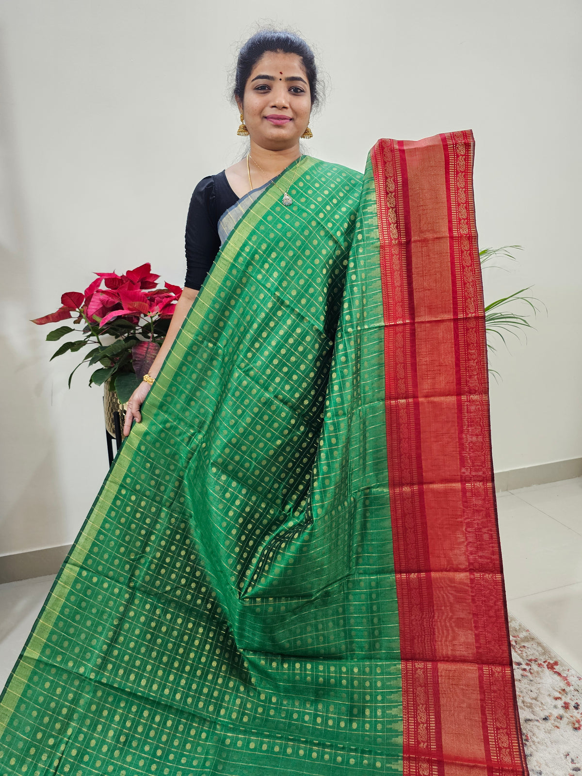 Semi Raw Silk Saree -  Green with Red