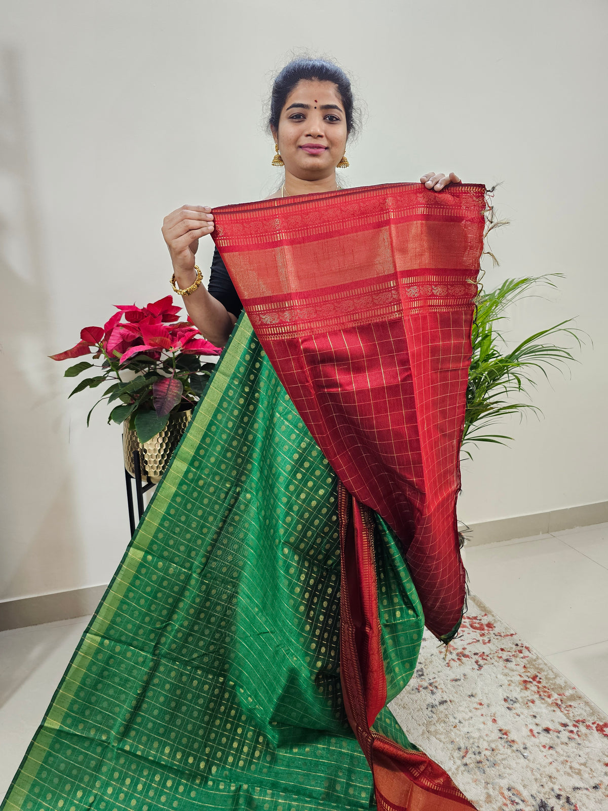 Semi Raw Silk Saree -  Green with Red