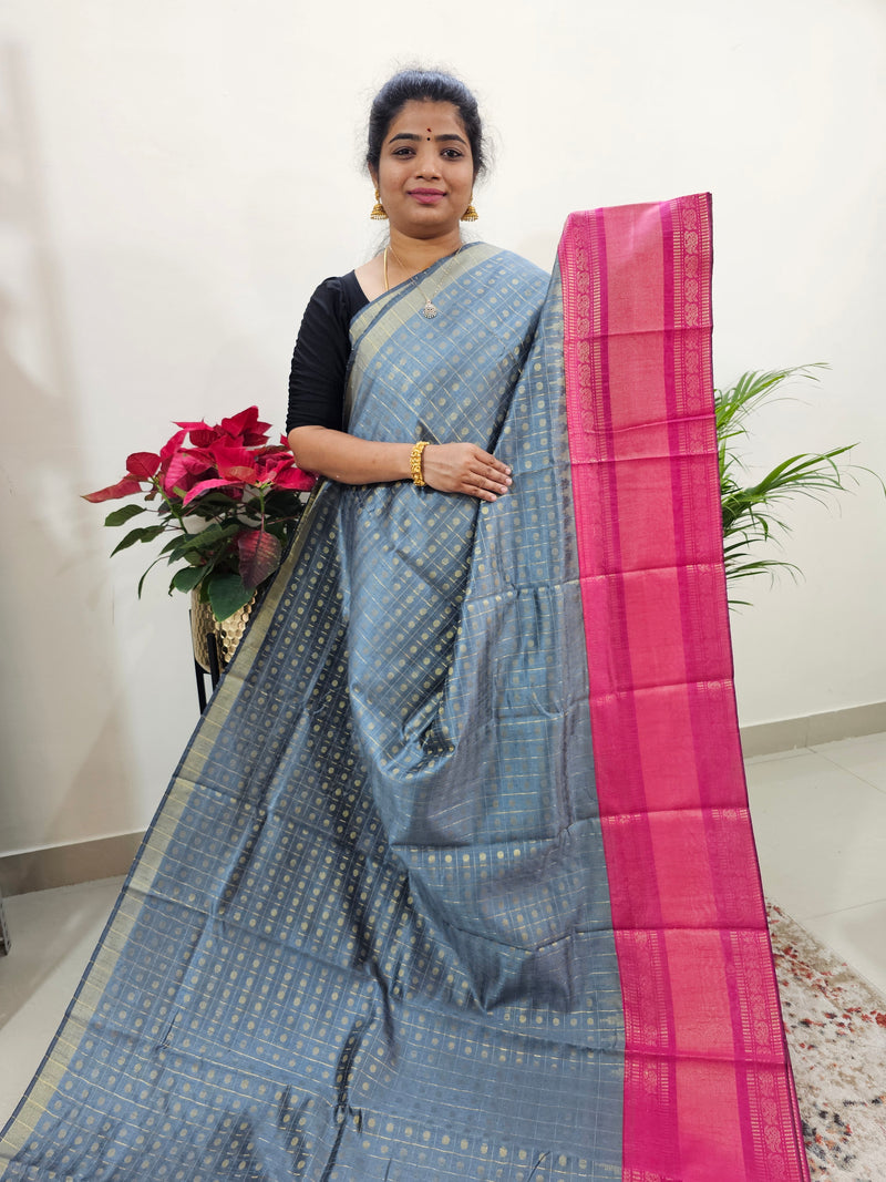 Semi Raw Silk Saree - Grey with Pink