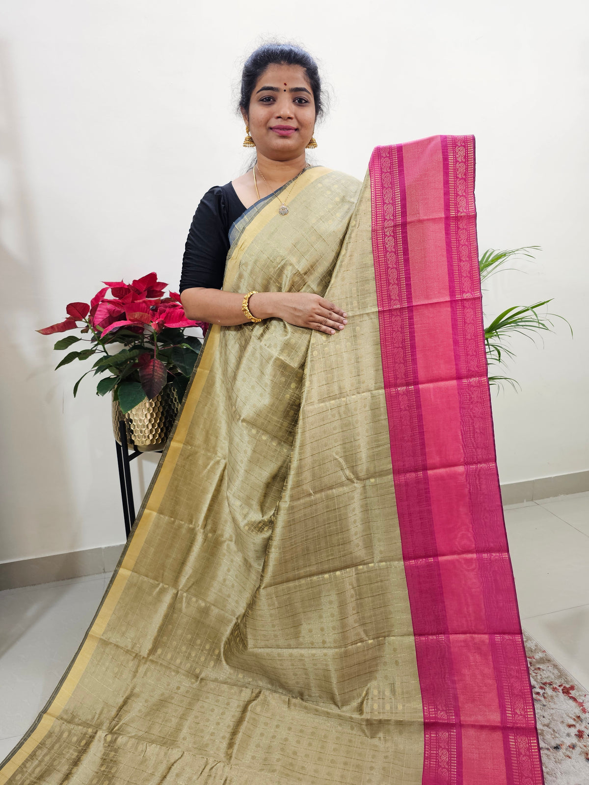 Semi Raw Silk Saree -  Beige with Pink