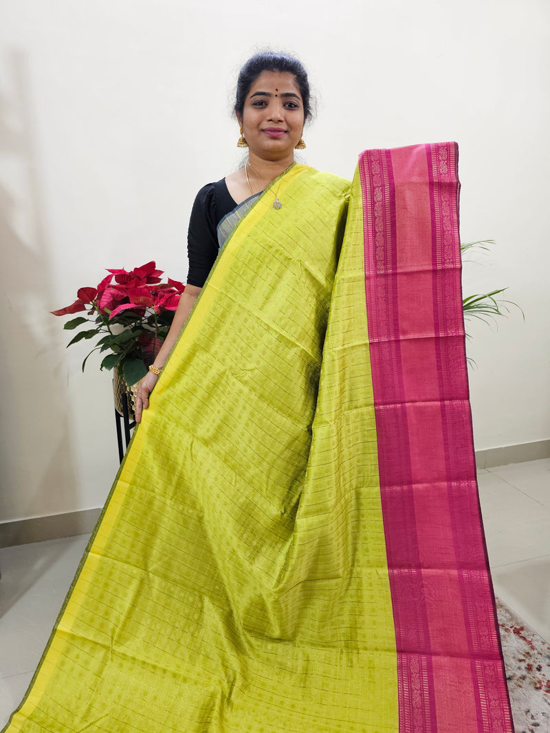 Semi Raw Silk Saree - Lime Yellow with Pink