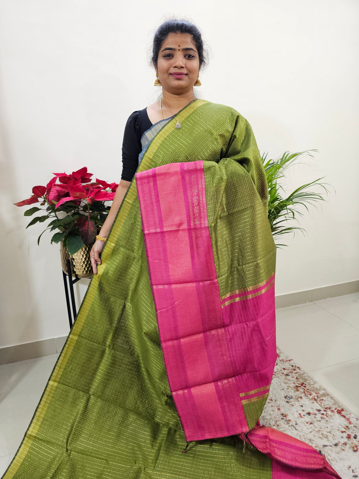 Semi Raw Silk Saree -  Green with Pink