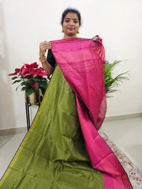 Semi Raw Silk Saree -  Green with Pink