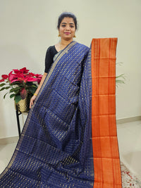 Semi Raw Silk Saree - Navy Blue with Orange