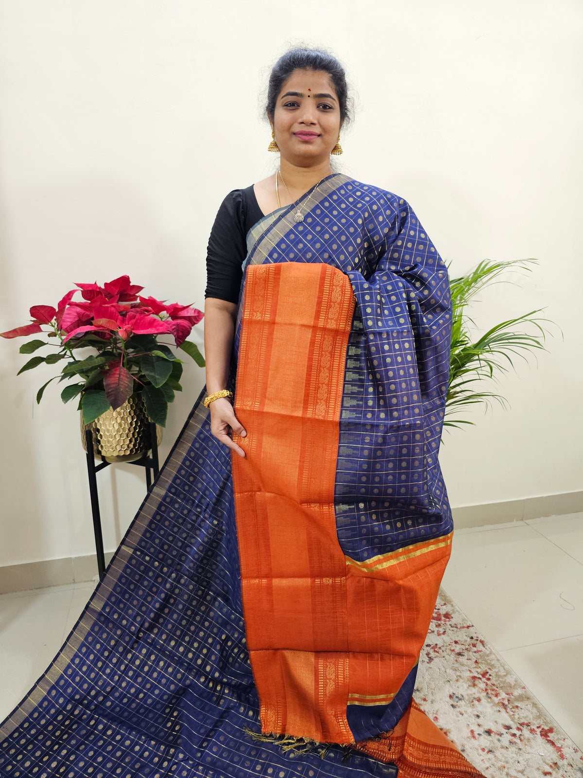 Semi Raw Silk Saree - Navy Blue with Orange