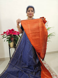 Semi Raw Silk Saree - Navy Blue with Orange