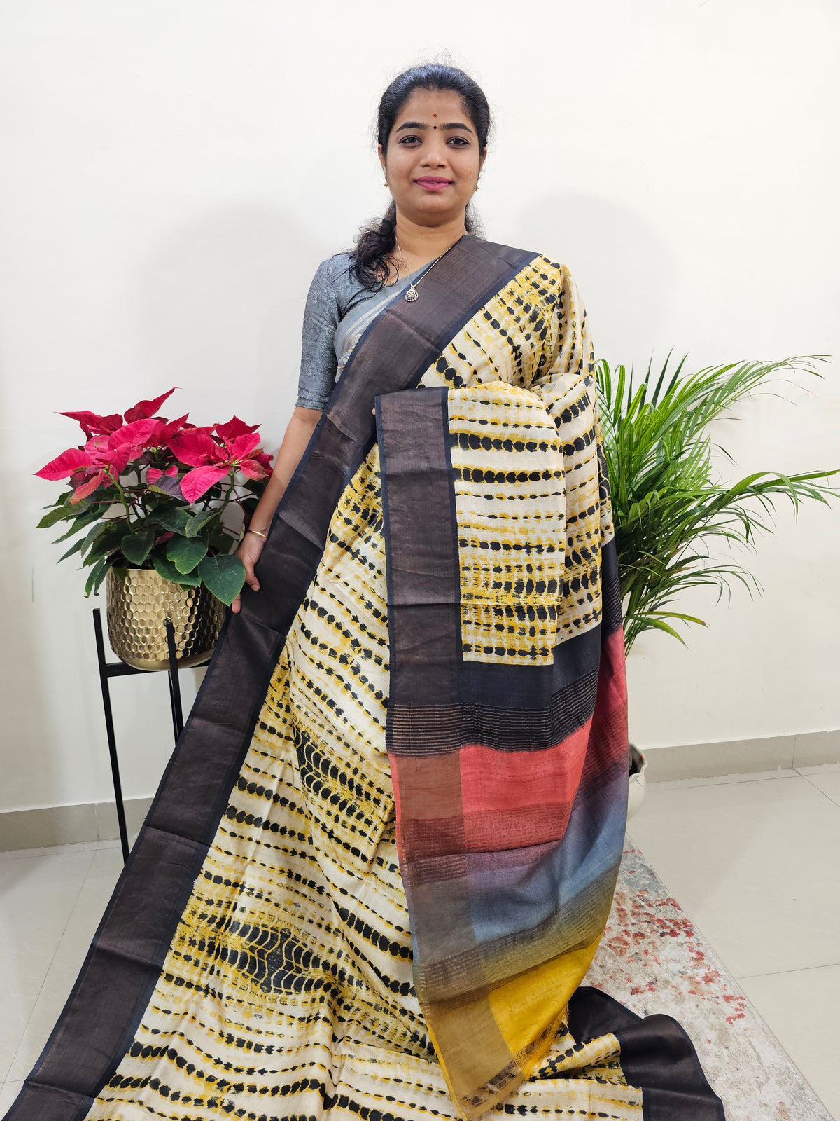 Yellow with Black Tussar Silk Saree with Zari Border