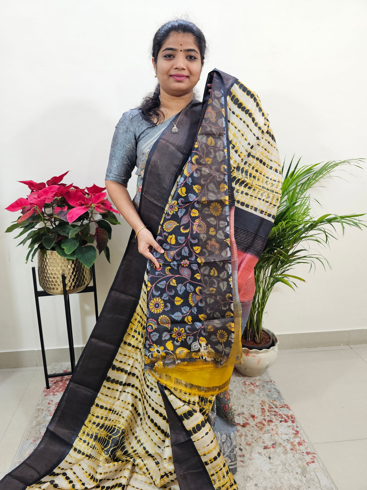 Yellow with Black Tussar Silk Saree with Zari Border