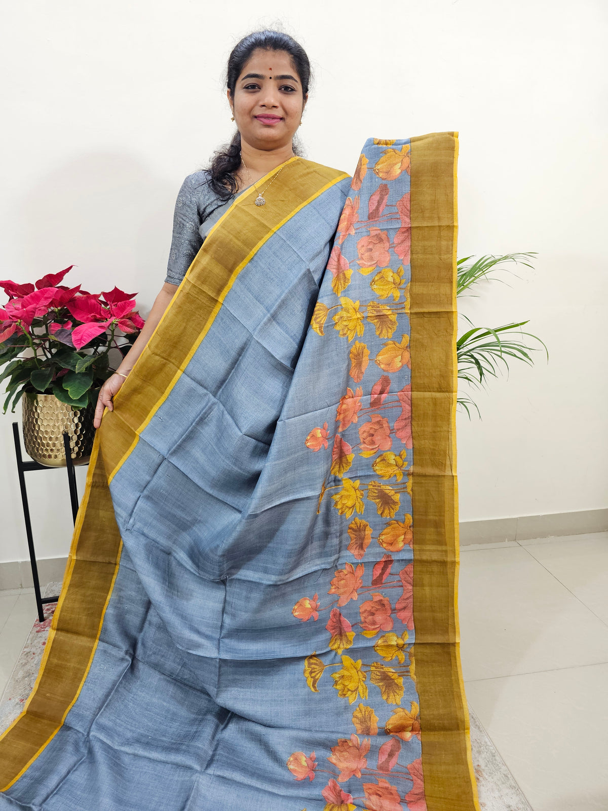 Grey with Yellow Tussar Silk Saree with Zari Border