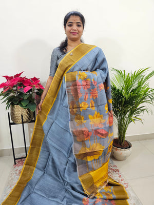 Grey with Yellow Tussar Silk Saree with Zari Border