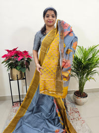 Grey with Yellow Tussar Silk Saree with Zari Border