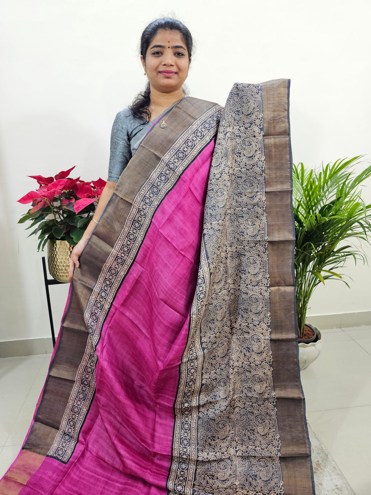 Pink with Grey Tussar Silk Saree with Zari Border