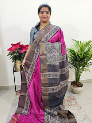 Pink with Grey Tussar Silk Saree with Zari Border