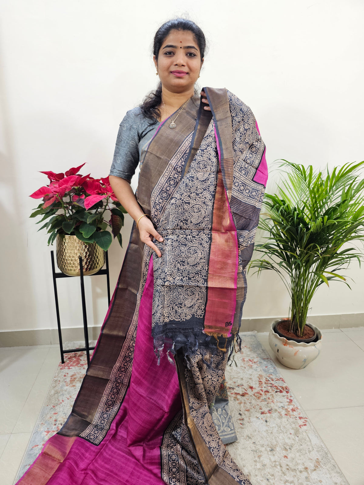 Pink with Grey Tussar Silk Saree with Zari Border