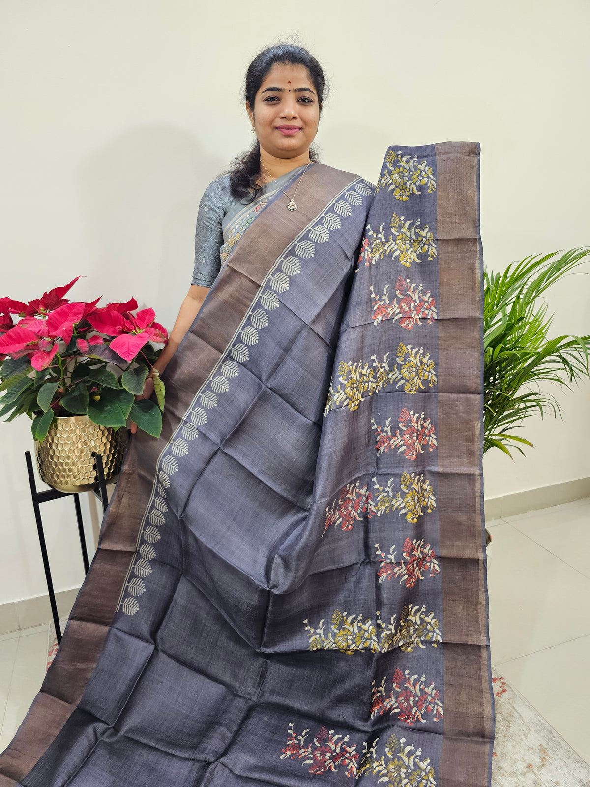Dark Grey Tussar Silk Saree with Zari Border