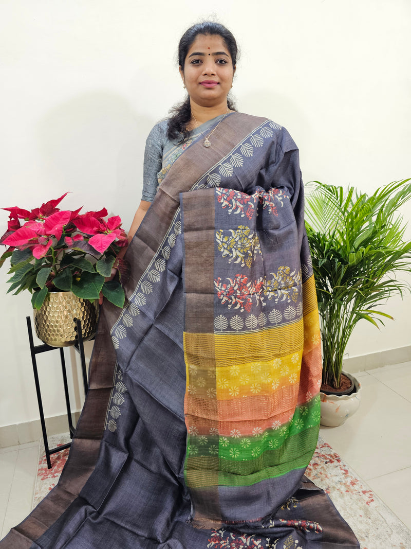 Dark Grey Tussar Silk Saree with Zari Border