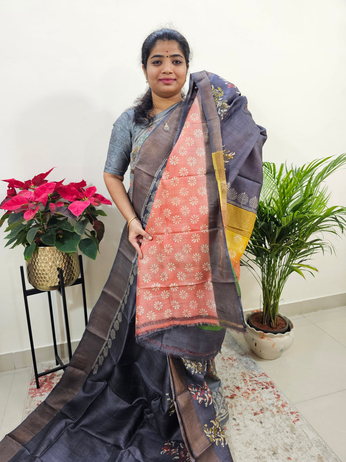 Dark Grey Tussar Silk Saree with Zari Border