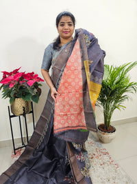 Dark Grey Tussar Silk Saree with Zari Border