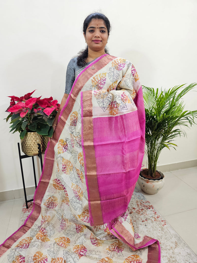 Off-white with PinkTussar Silk Saree with Zari Border