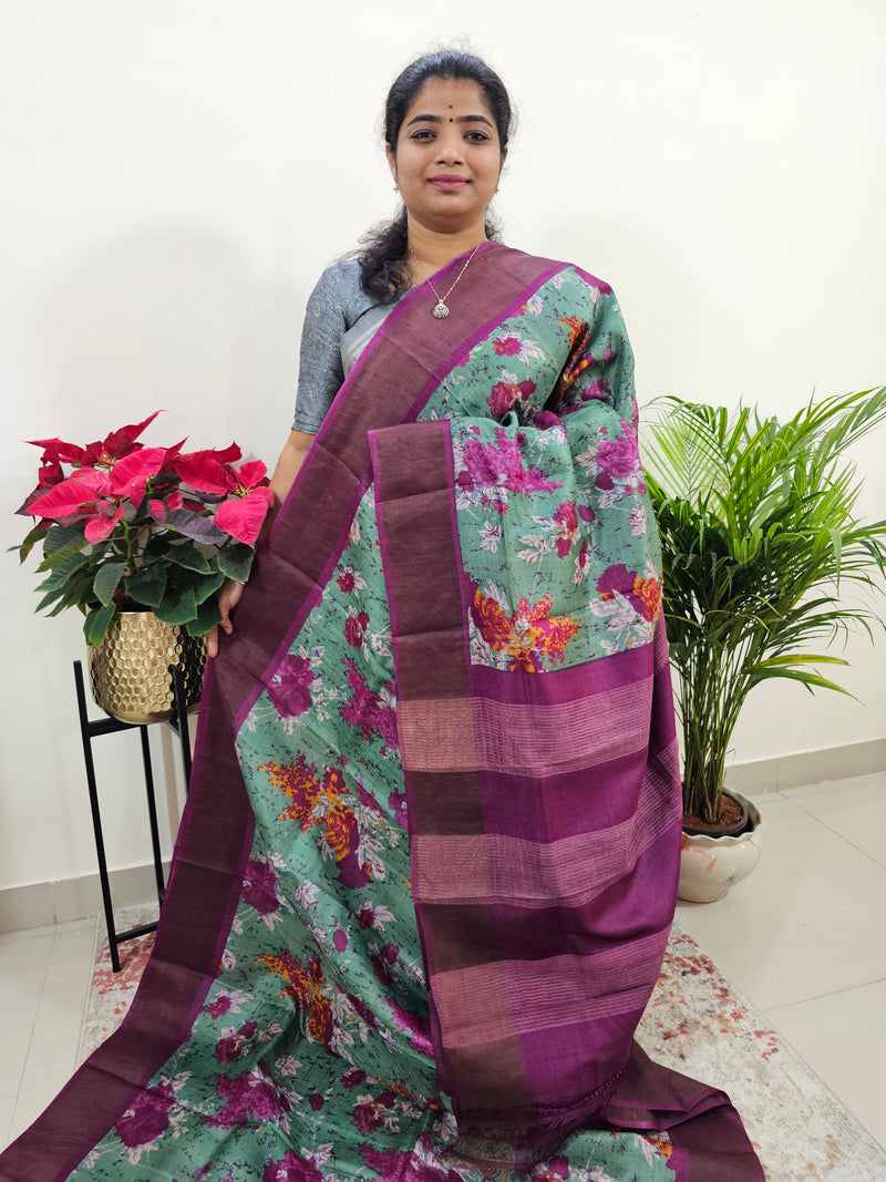 Sea Green with Purple Tussar Silk Saree with Zari Border