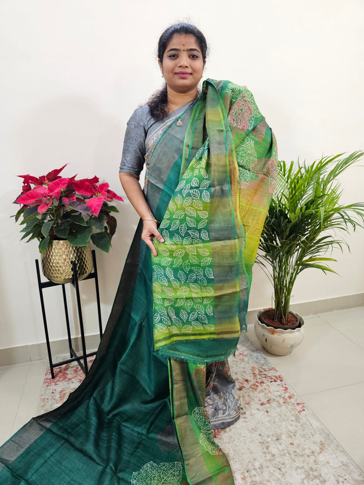 Green Shade Tussar Silk Saree with Zari Border