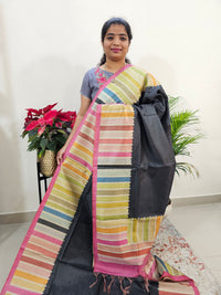 Semi Tussar with Striped Zari Weaving Saree - Black with Pink