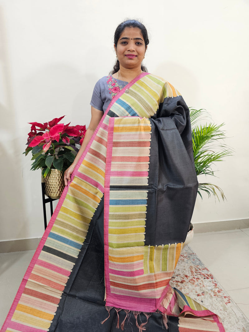 Semi Tussar with Striped Zari  Weaving Saree - Black with Pink