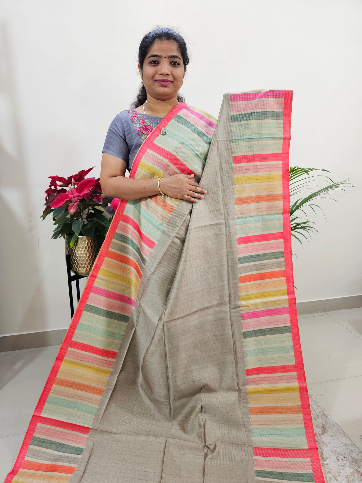 Semi Tussar with Striped Zari Weaving Saree - Grey with Peachish Pink