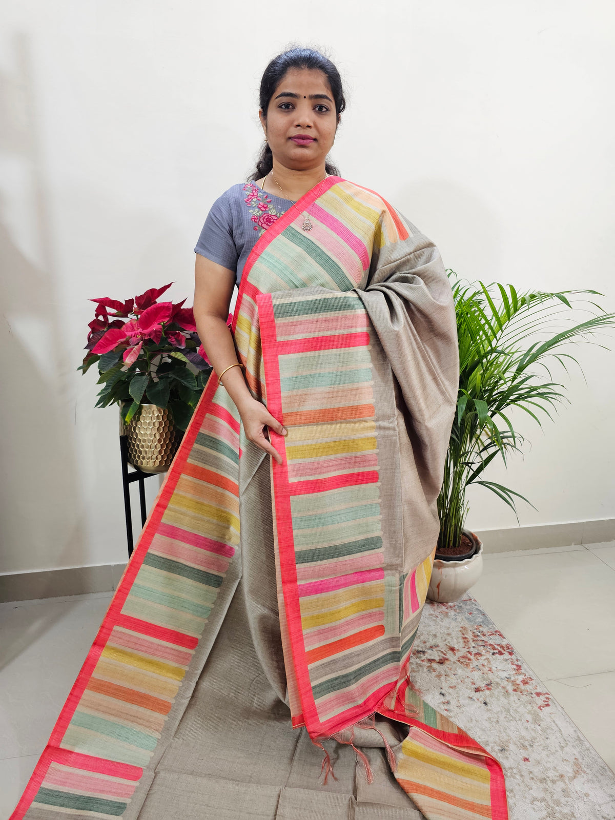 Semi Tussar with Striped Zari Weaving Saree - Grey with Peachish Pink