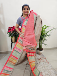 Semi Tussar with Striped Zari Weaving Saree - Grey with Peachish Pink