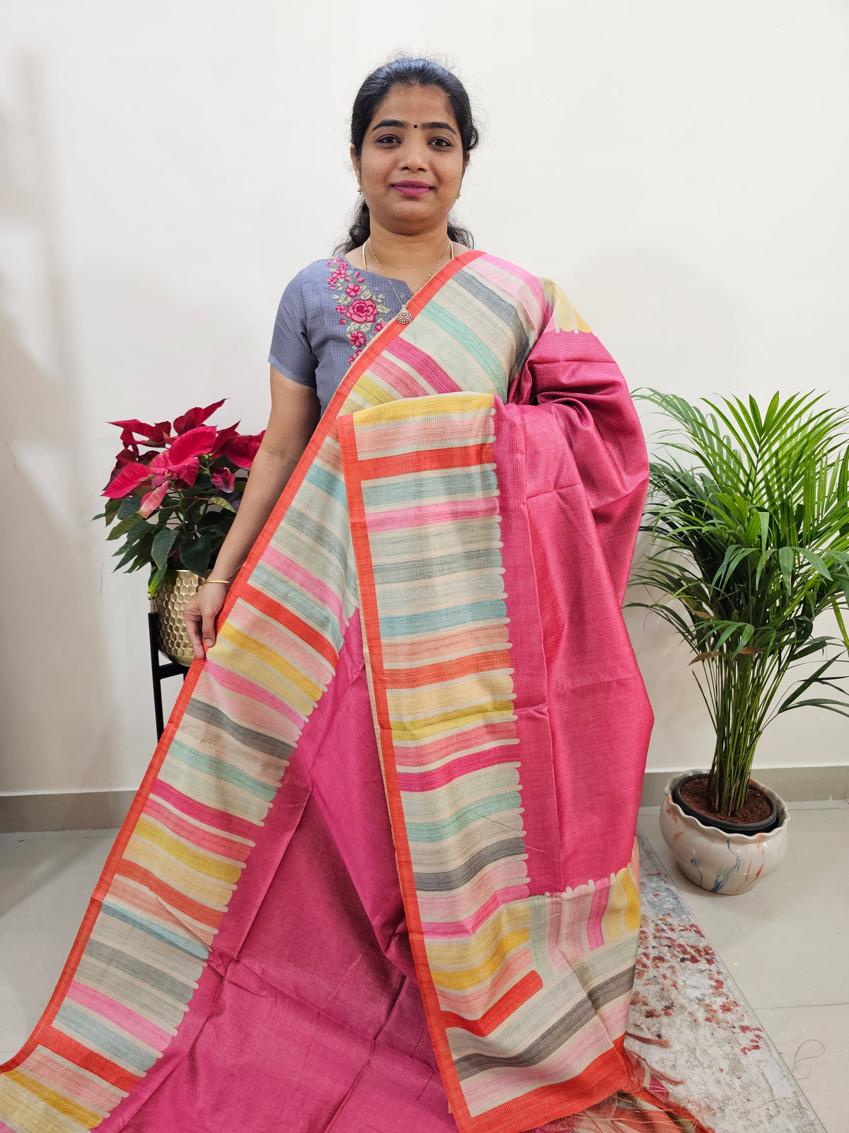 Semi Tussar with Striped Zari Weaving Saree - Pink with Orange