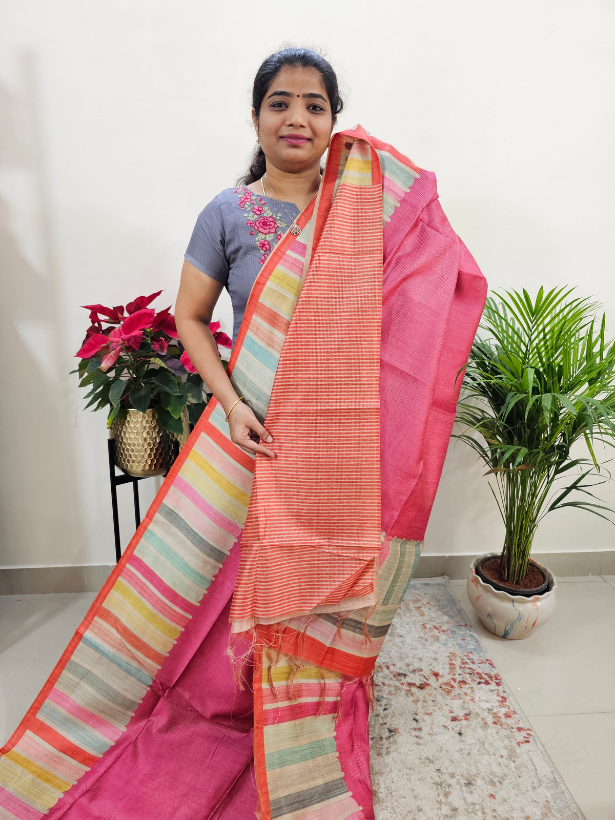 Semi Tussar with Striped Zari Weaving Saree - Pink with Orange