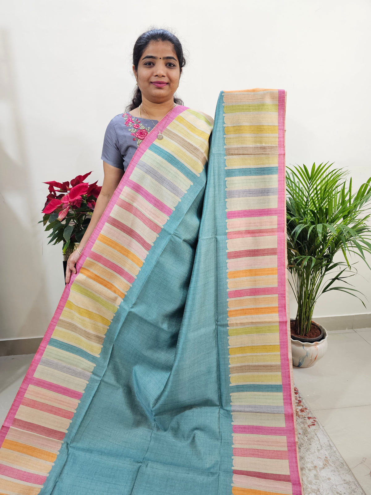 Semi Tussar with Striped Zari Weaving Saree - Blue with Pink