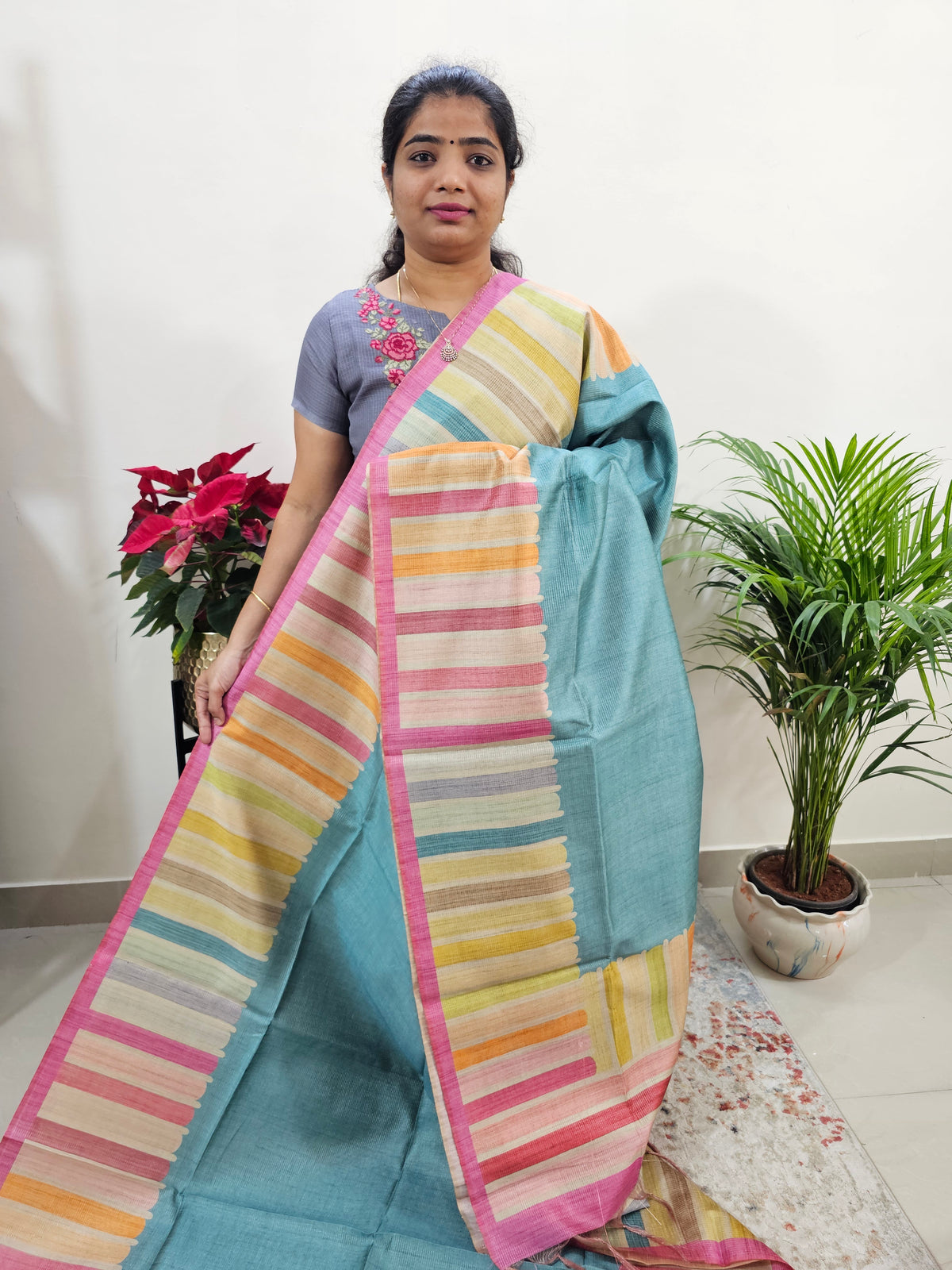 Semi Tussar with Striped Zari Weaving Saree - Blue with Pink