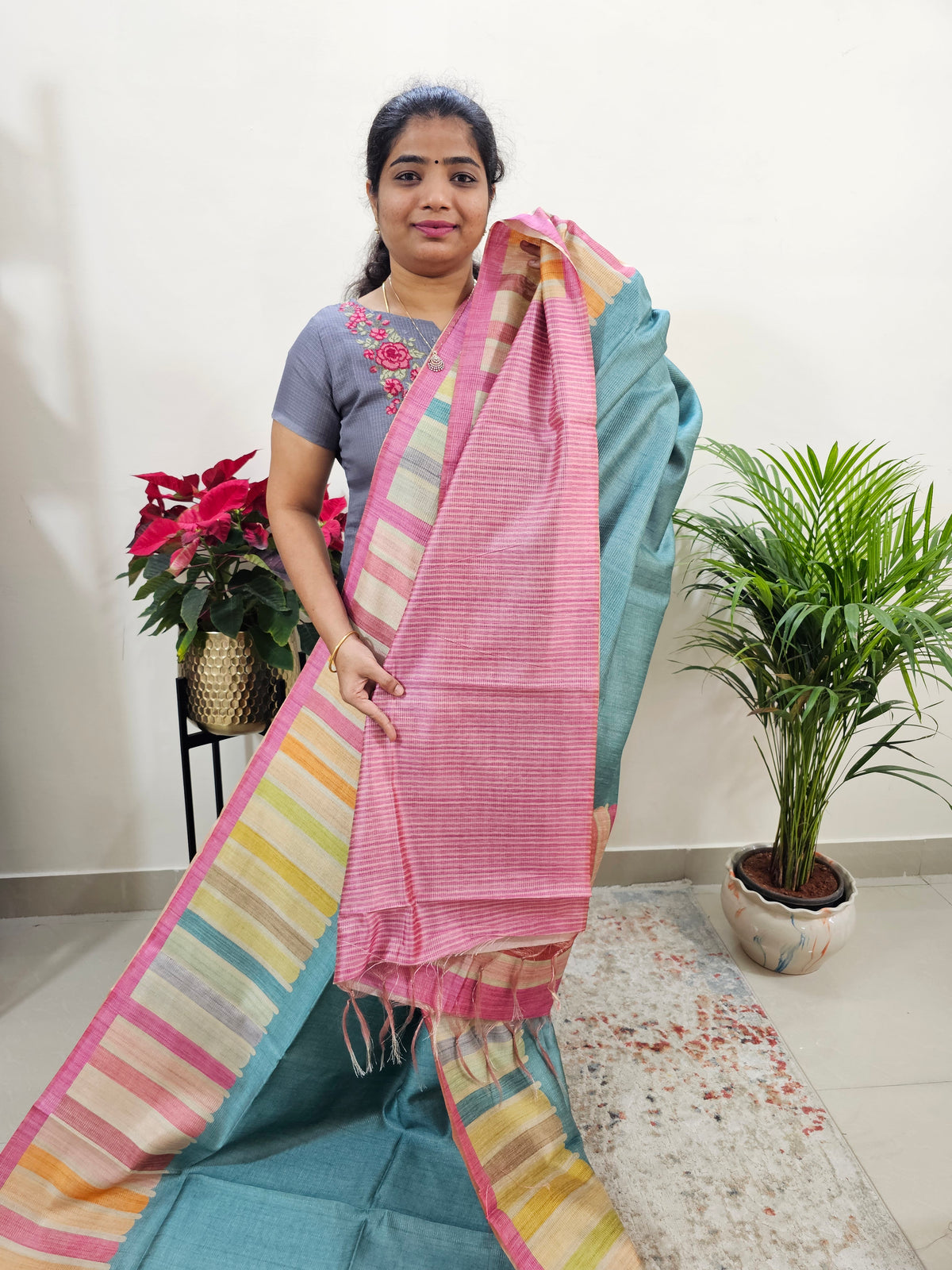 Semi Tussar with Striped Zari Weaving Saree - Blue with Pink