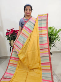 Semi Tussar with Striped Zari Weaving Saree - Mango Yellow with Maroon