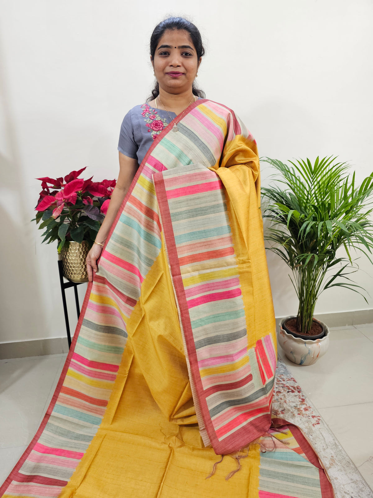 Semi Tussar with Striped Zari Weaving Saree - Mango Yellow with Maroon