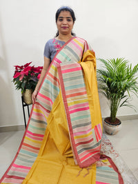 Semi Tussar with Striped Zari Weaving Saree - Mango Yellow with Maroon