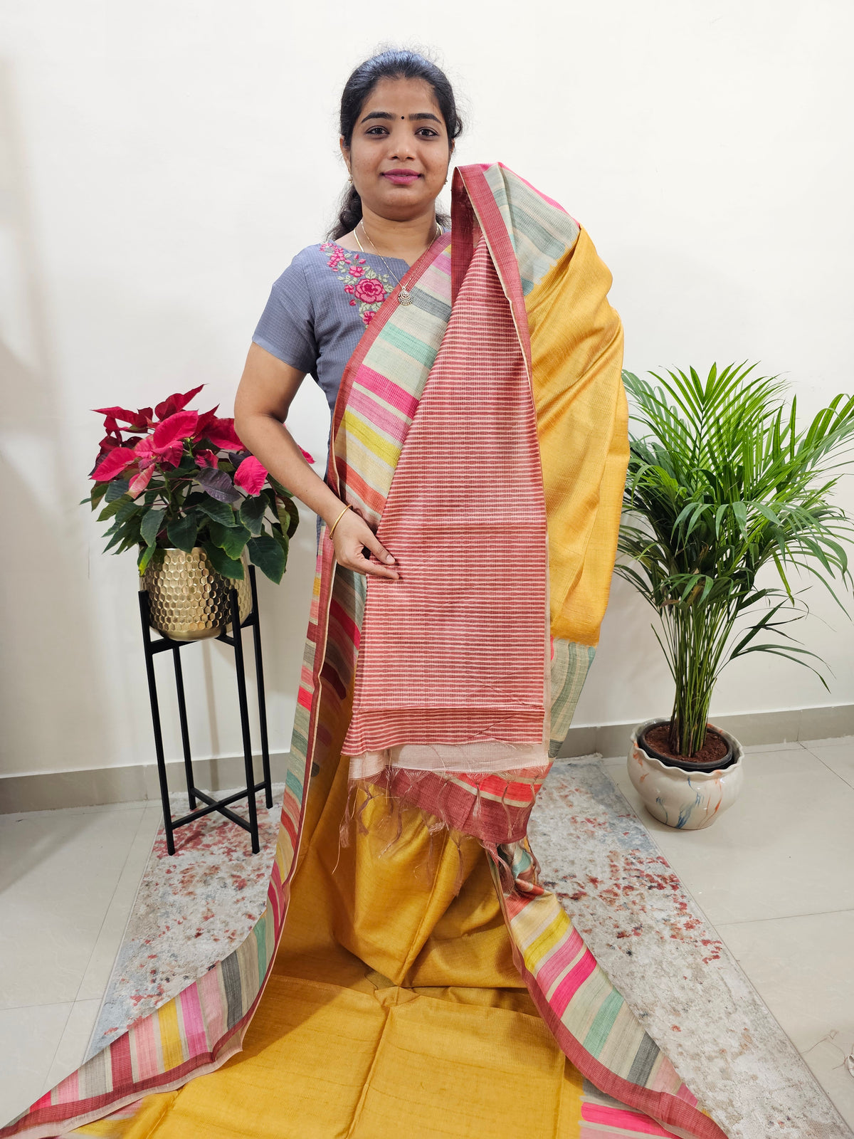 Semi Tussar with Striped Zari Weaving Saree - Mango Yellow with Maroon