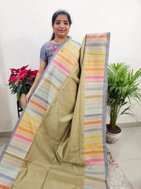 Semi Tussar with Striped Zari Weaving Saree - Green with Grey