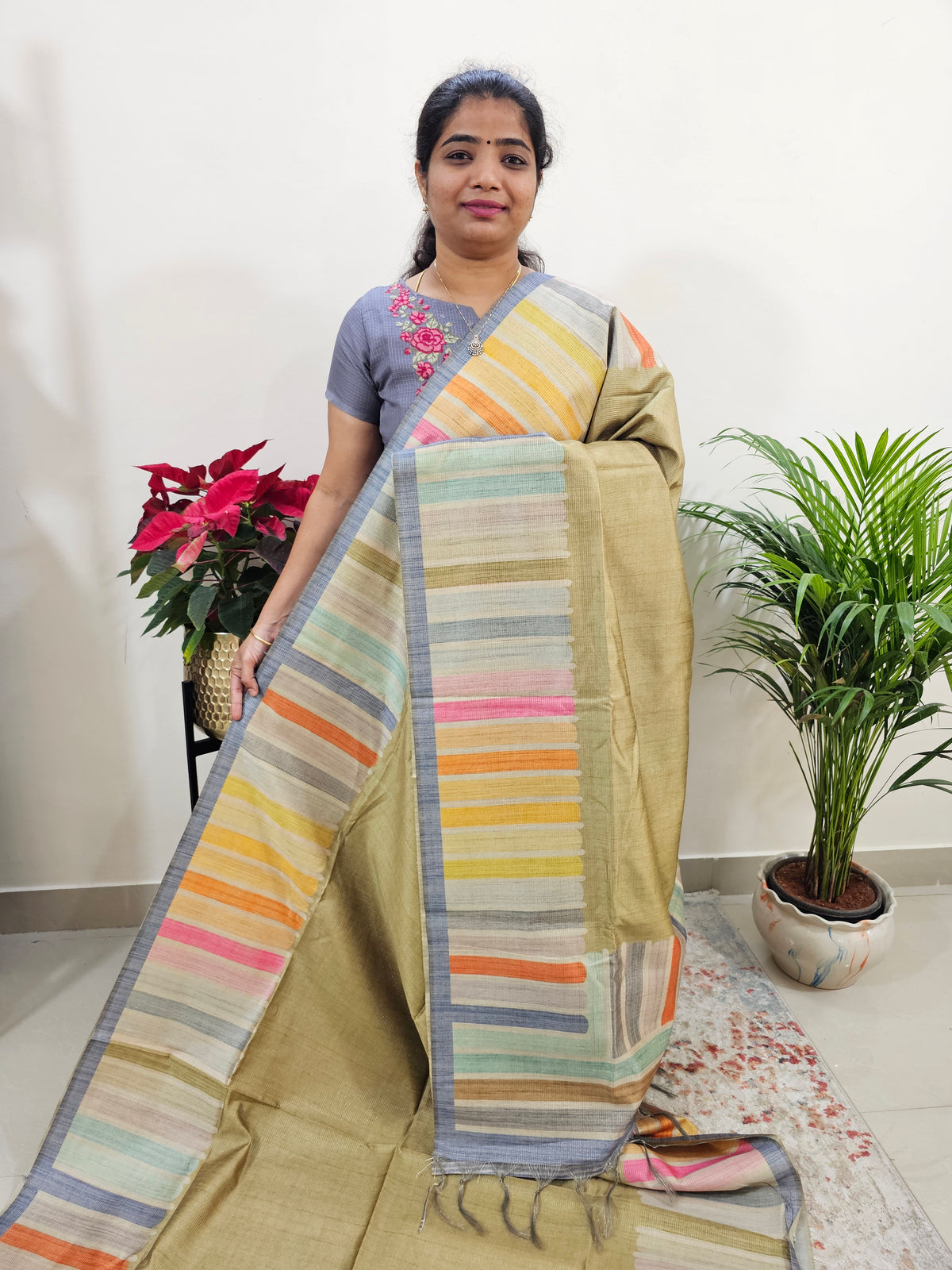 Semi Tussar with Striped Zari Weaving Saree - Green with Grey