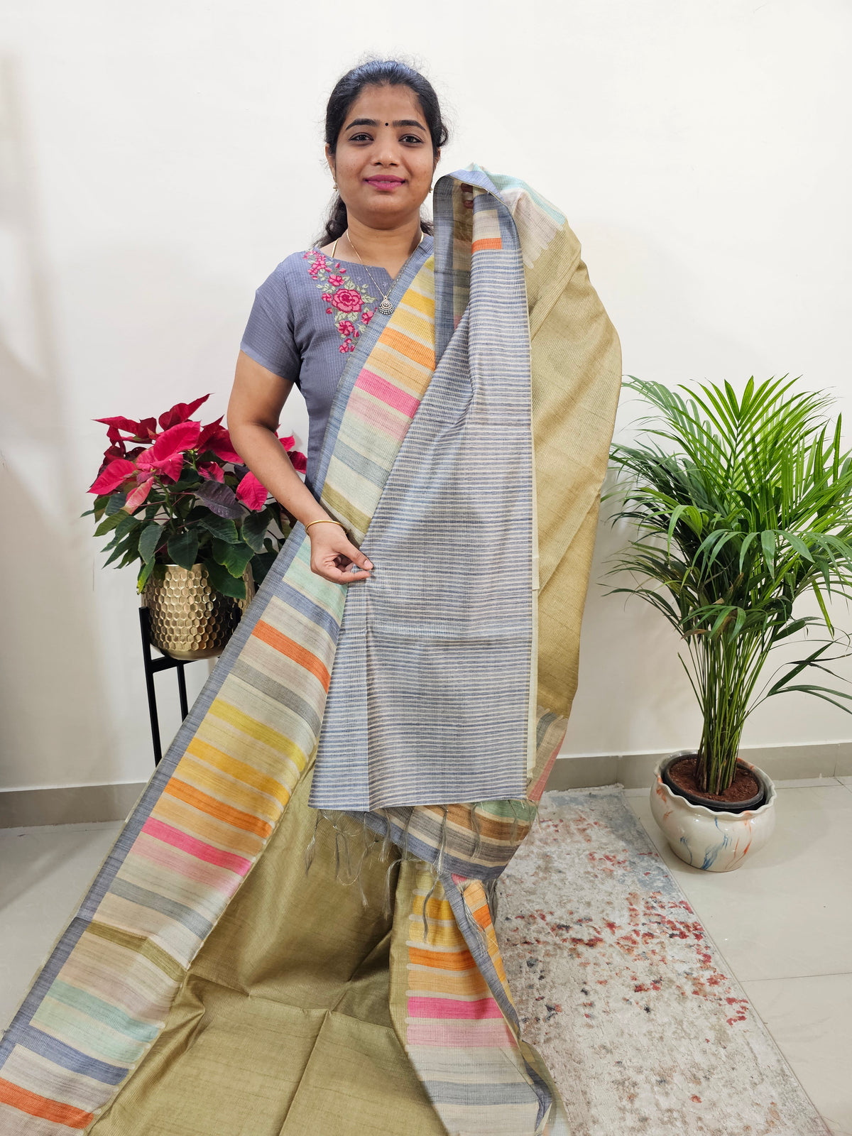 Semi Tussar with Striped Zari Weaving Saree - Green with Grey