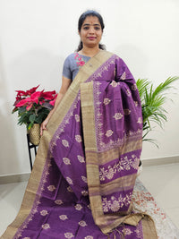 Semi Ghicha Floral Printed Saree - Purple with Dark Beige