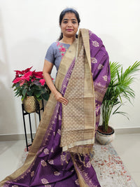 Semi Ghicha Floral Printed Saree - Purple with Dark Beige