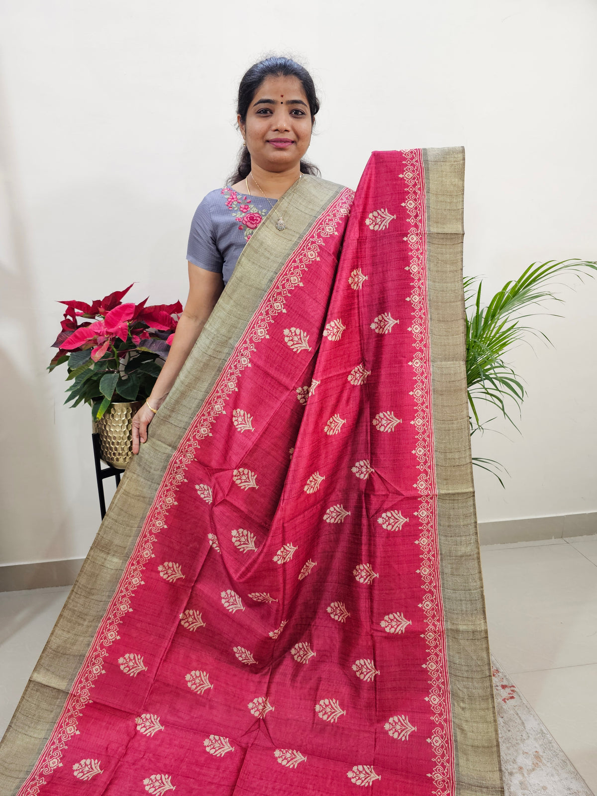 Semi Ghicha Floral Printed Saree - Pink